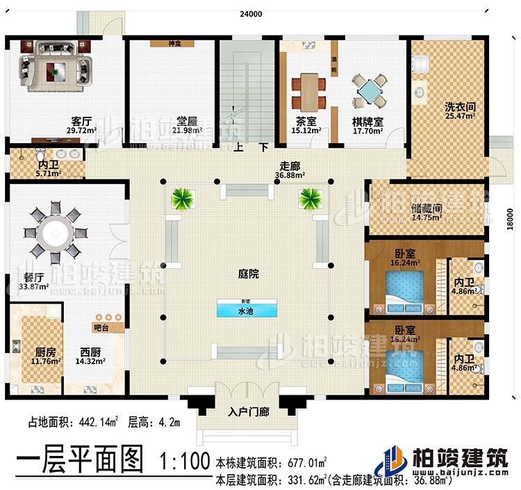 一層：入戶門廊、水池、影壁、庭院、走廊、西廚、廚房、餐廳、吧臺、客廳、堂屋、神龕、茶室、棋牌室、洗衣間、儲藏間、2臥室、3內(nèi)衛(wèi)