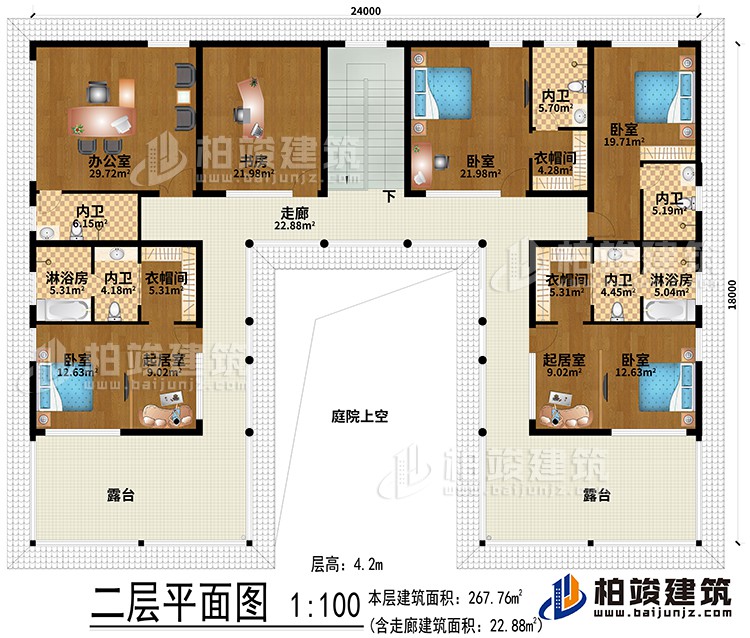 二層：辦公室、書房、2起居室、3衣帽間、4臥室、2淋浴房、5內(nèi)衛(wèi)、走廊、2露臺、庭院上空