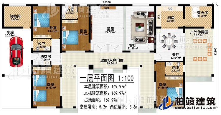 一層：過廊/入戶門廊、堂屋、神龕、客廳、餐廳、廚房、柴火房、戶外休閑區(qū)、儲物間、車庫、洗衣房、4臥室、2內(nèi)衛(wèi)、公衛(wèi)