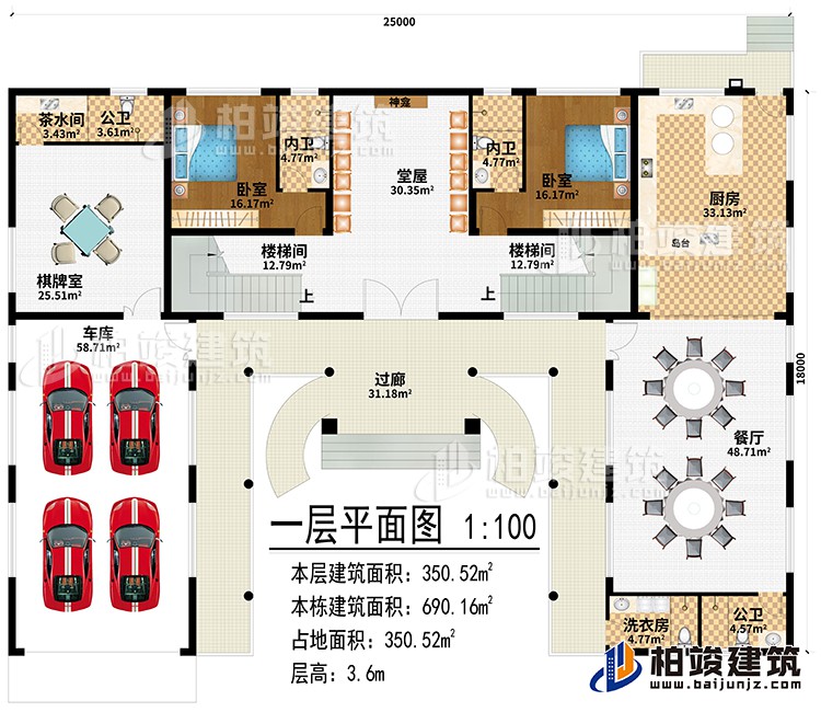 一層：過(guò)廊、堂屋、神龕、2樓梯間、廚房、餐廳、棋牌室、車庫(kù)、茶水間、2公衛(wèi)、洗衣房、2臥室、2內(nèi)衛(wèi)