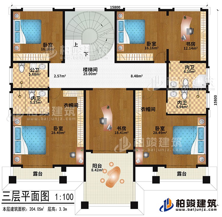 三層：樓梯間、4臥室、2衣帽間、2書房、公衛(wèi)、3內(nèi)衛(wèi)、2露臺、陽臺