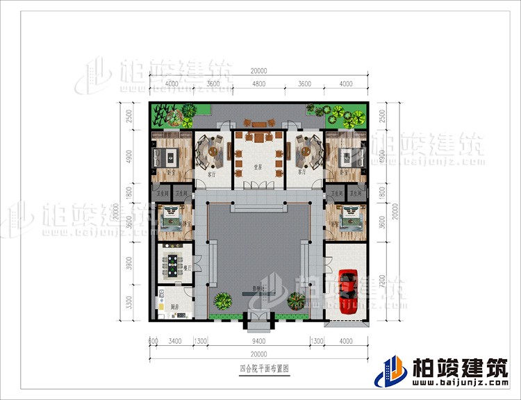 一層：影壁墻、車庫、廚房、餐廳、4臥室、4內(nèi)衛(wèi)、2客廳、堂屋、后花園