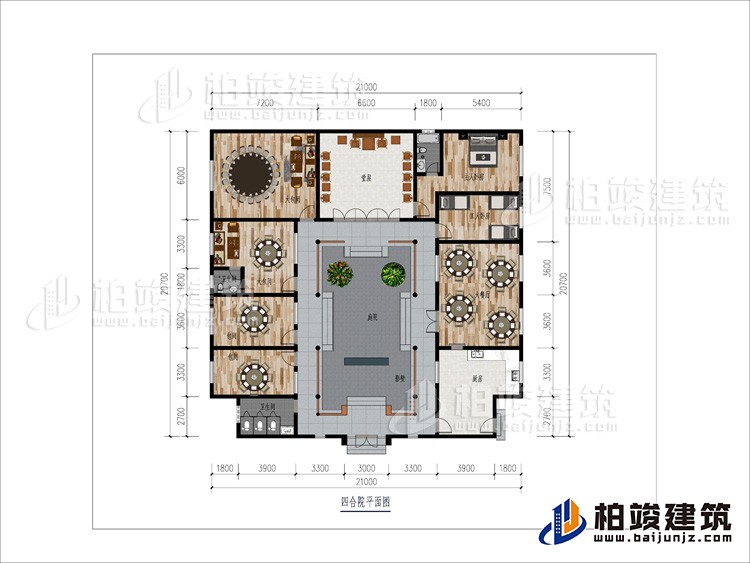 一層：大餐廳、2包間、2大餐廳、2內(nèi)衛(wèi)、堂屋、臥室、工人臥室、公衛(wèi)、庭院、影壁墻