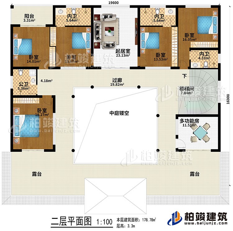 二層：起居室、中庭、過廊、樓梯間、5臥室、公衛(wèi)、3內(nèi)衛(wèi)、2露臺、陽臺、多功能房