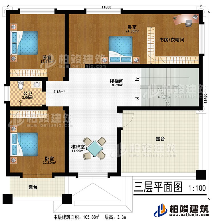三層：棋牌室、樓梯間、3臥室、書(shū)房/衣帽間、公衛(wèi)、2露臺(tái)