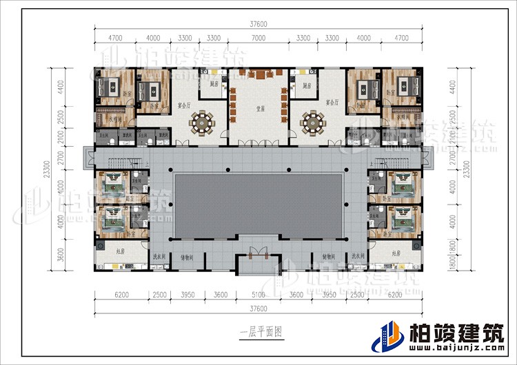 一層：2儲(chǔ)物間、2洗衣間、2灶房、8臥室、2衣帽間、2公衛(wèi)、6內(nèi)衛(wèi)、2廚房、2宴會(huì)廳、堂屋
