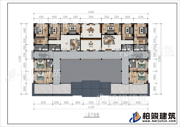 二層：2客廳、2書畫室、公衛(wèi)、10臥室、2衣帽間、4內(nèi)衛(wèi)、2露臺(tái)