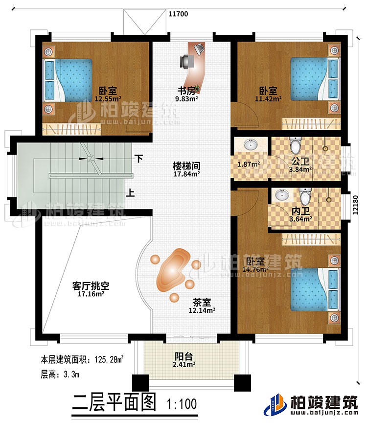 二層：樓梯間、書房、茶室、客廳挑空、3臥室、公衛(wèi)、內(nèi)衛(wèi)、陽(yáng)臺(tái)