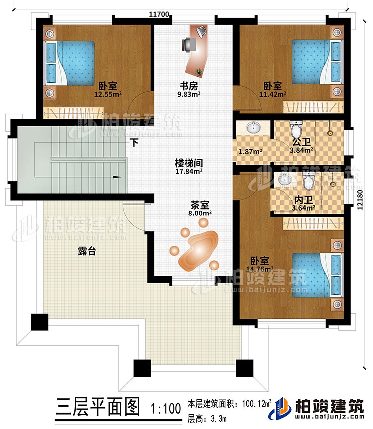 三層：樓梯間、書房、茶室、3臥室、公衛(wèi)、內(nèi)衛(wèi)、露臺(tái)