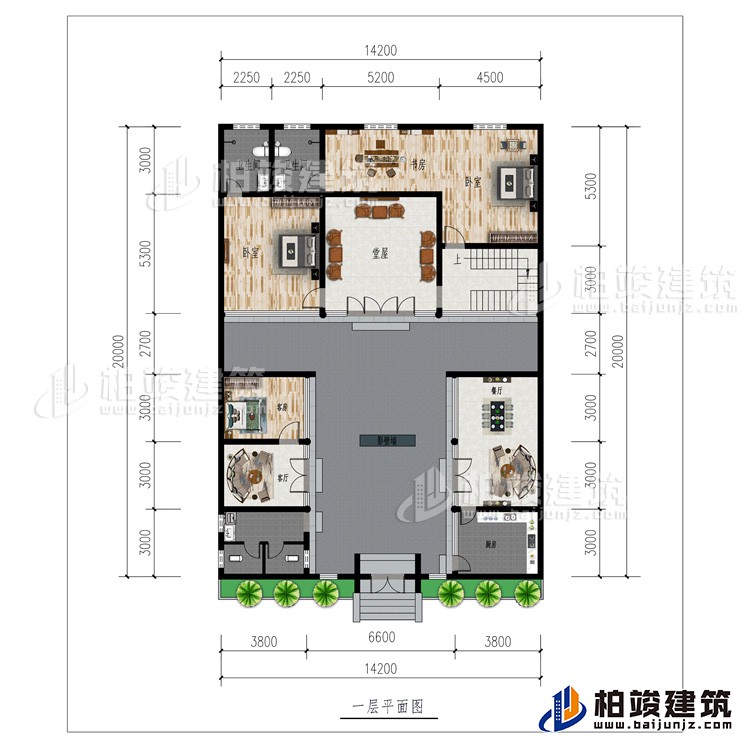 一層：廚房、2客廳、餐廳、公衛(wèi)、3臥室、影壁墻、堂屋、書房、2內(nèi)衛(wèi)