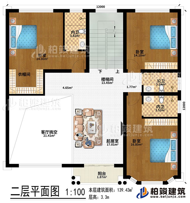 二層：客廳挑空、起居室、樓梯間、3臥室、衣帽間、2內(nèi)衛(wèi)、公衛(wèi)、陽(yáng)臺(tái)