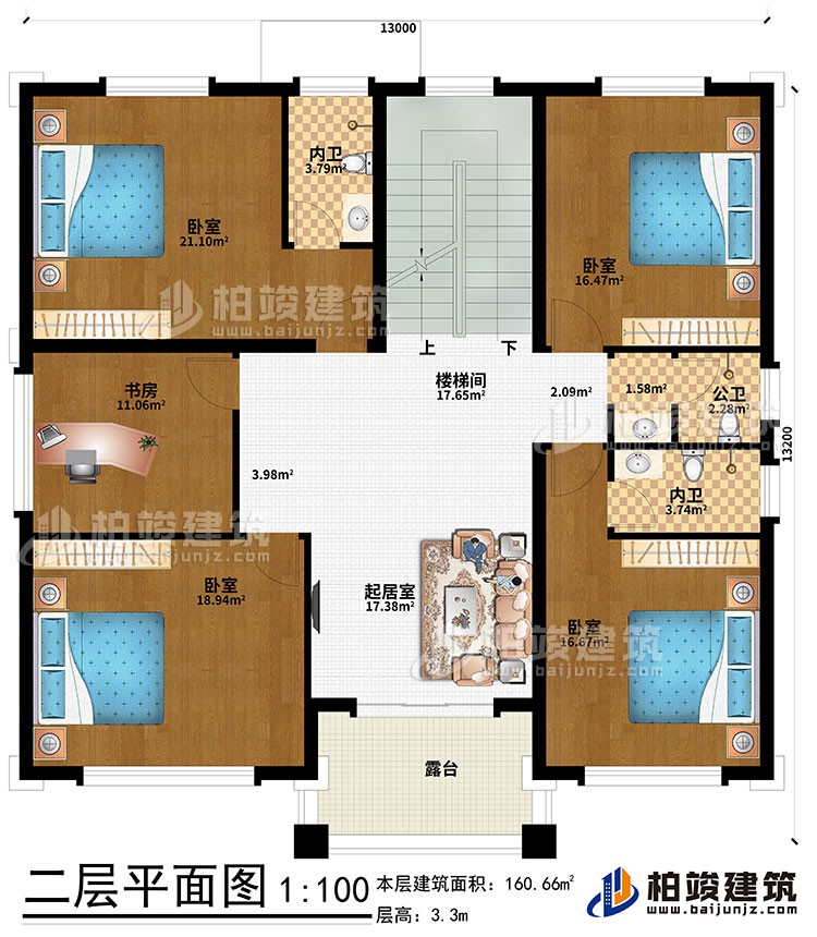二層：起居室、樓梯間、4臥室、書房、公衛(wèi)、內(nèi)衛(wèi)、露臺