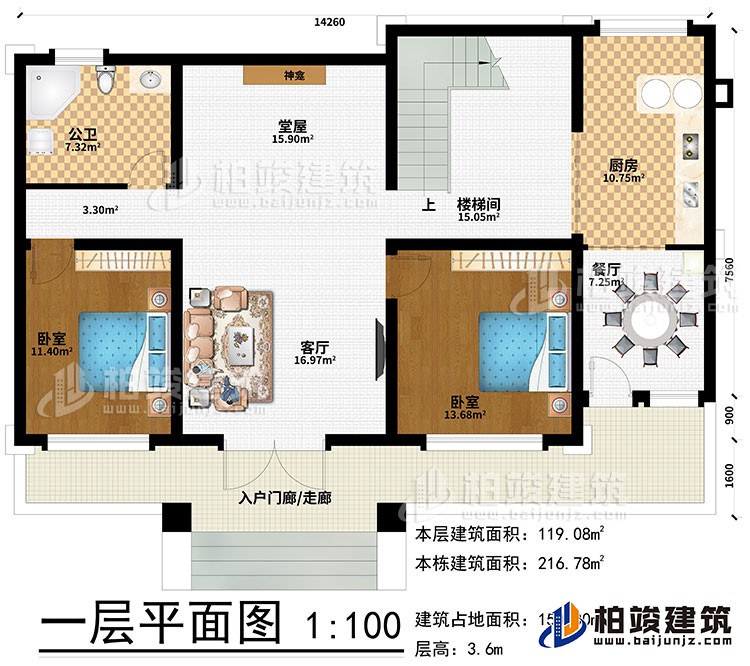一層：入戶門廊/走廊、客廳、堂屋、神龕、樓梯間、廚房、餐廳、2臥室、公衛(wèi)