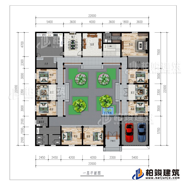一層：廣亮大門、車庫、書房、公衛(wèi)、7臥室、2客廳、餐廳、廚房、堂屋、2天井、內(nèi)衛(wèi)、荷花魚池