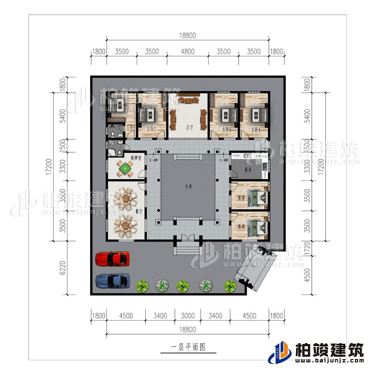 一層：車庫、餐廳、棋牌室、廚房、正廳、6臥室、公衛(wèi)、內(nèi)衛(wèi)