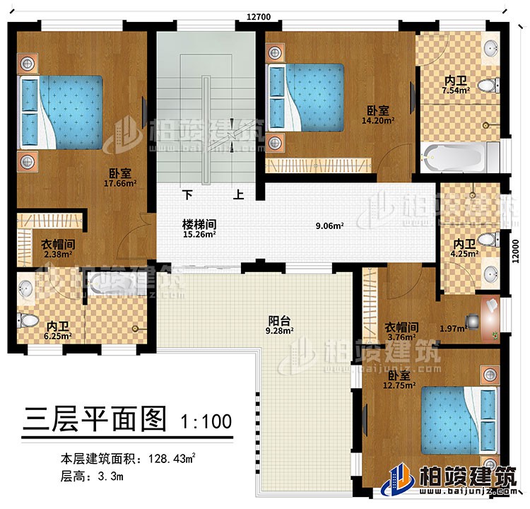 三層：樓梯間、3臥室、2衣帽間、3內(nèi)衛(wèi)、陽臺