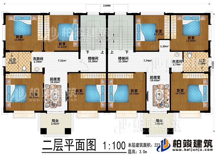 二層：2樓梯間、2起居室、2洗漱間、8臥室、2公衛(wèi)、2陽臺(tái)