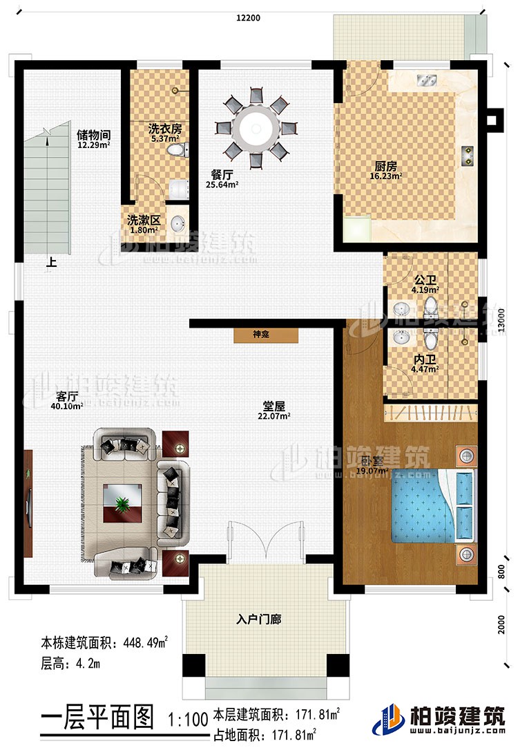 一層：入戶門廊、堂屋、神龕、客廳、餐廳、廚房、臥室、公衛(wèi)、內衛(wèi)、洗漱區(qū)、洗衣房、儲物間