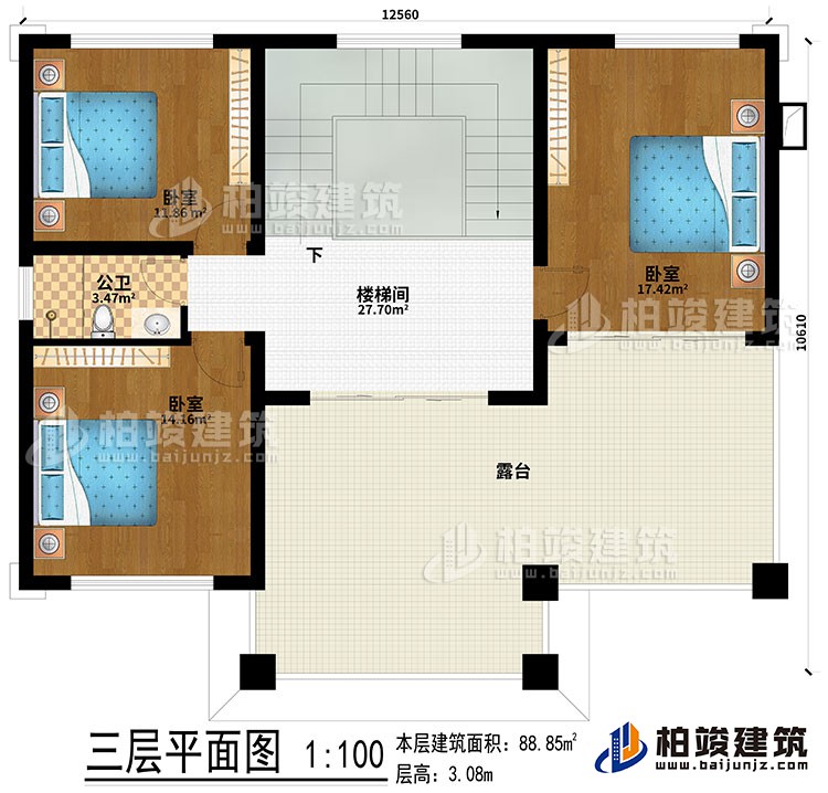 三層：樓梯間、3臥室、露臺(tái)、公衛(wèi)