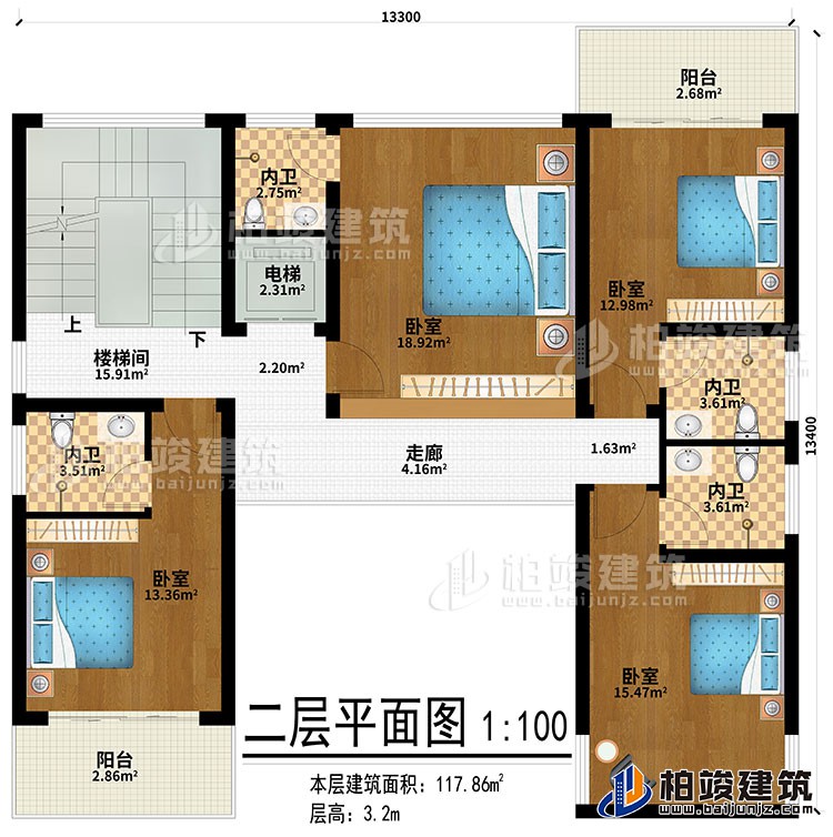二層：走廊、4臥室、4內(nèi)衛(wèi)、2陽臺、樓梯間、電梯