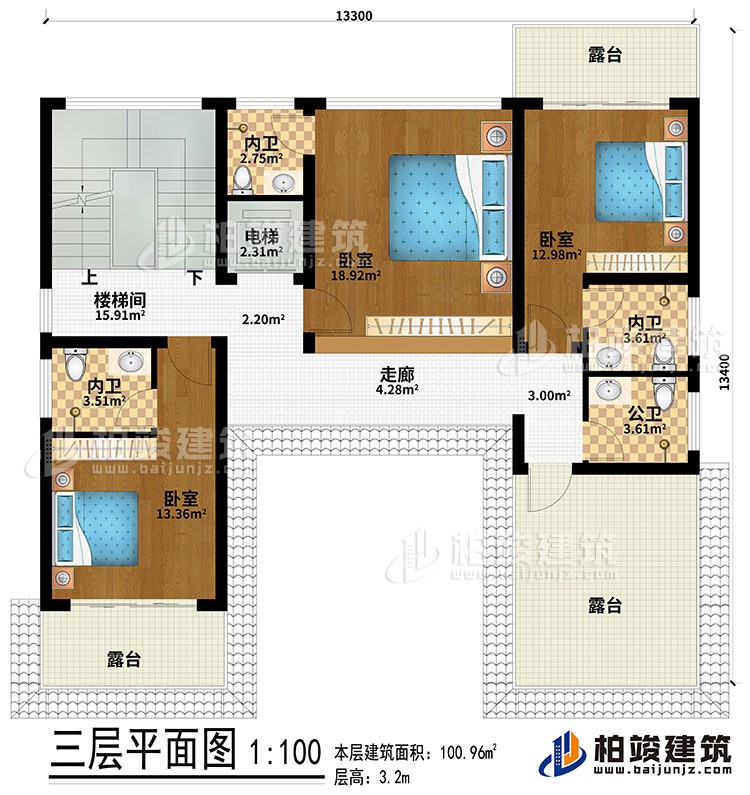 三層：走廊、3臥室、3內(nèi)衛(wèi)、3露臺、樓梯間、電梯、公衛(wèi)