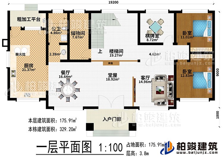 一層：入戶門廊、堂屋、神龕、客廳、餐廳、廚房、柴火灶、粗加工平臺(tái)、儲(chǔ)物間、樓梯間、棋牌室、2臥室、公衛(wèi)