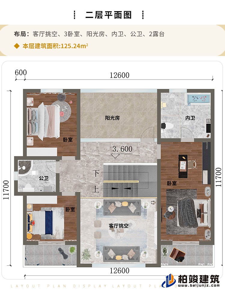 二層：客廳挑空、3臥室、陽光房、內(nèi)衛(wèi)、公衛(wèi)、2露臺