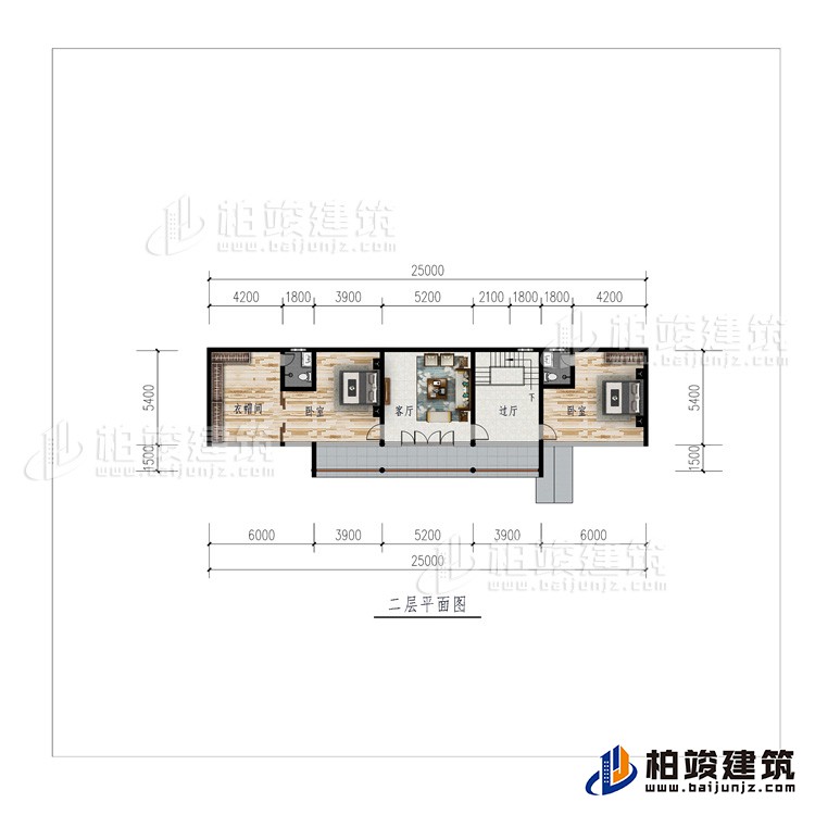二層：過廳、客廳、衣帽間、2臥室