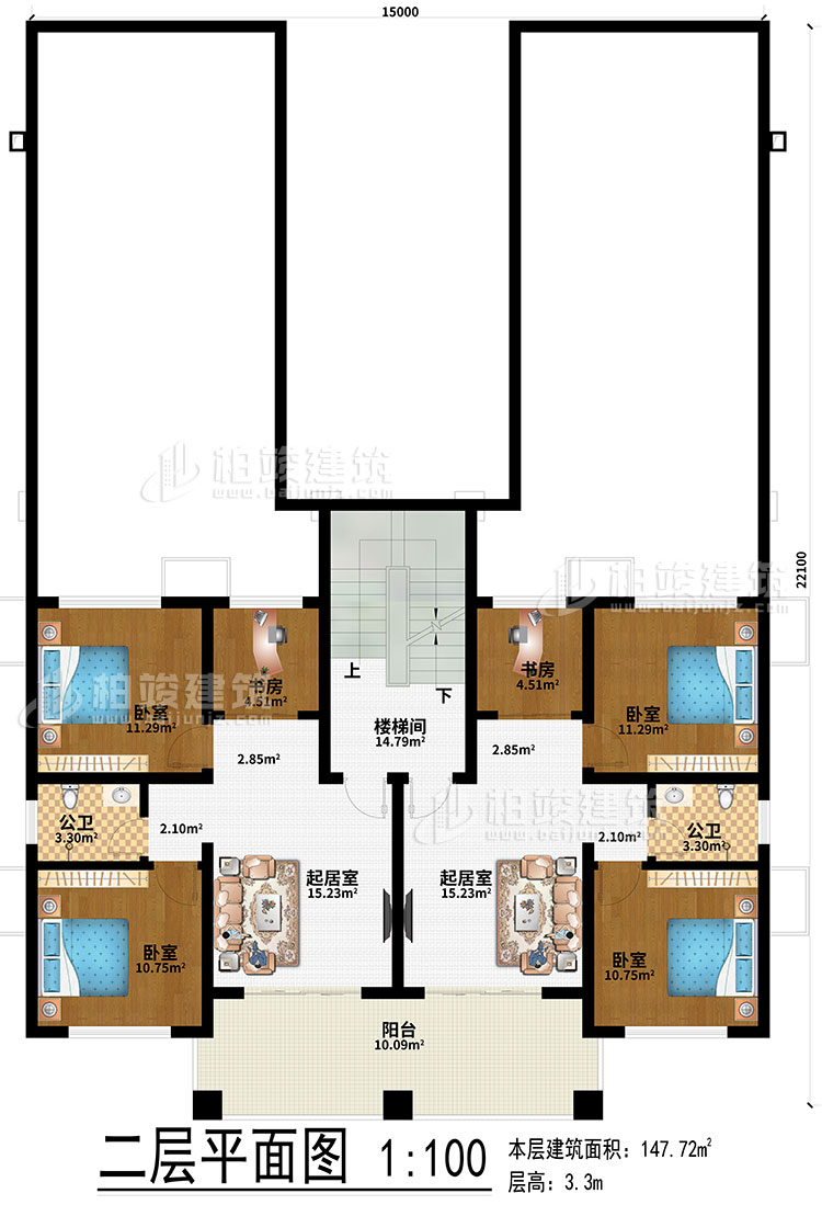 二層：2起居室、2書房、4臥室、2公衛(wèi)、樓梯間、陽臺(tái)