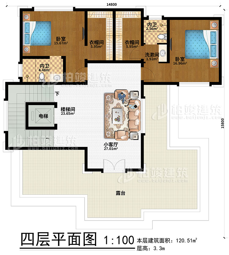 四層：2臥室、2衣帽間、2內(nèi)衛(wèi)、樓梯間、電梯、小客廳、露臺(tái)