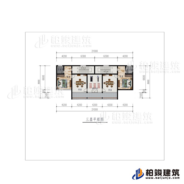 三層：2臥室、健身房、2書房、2內(nèi)衛(wèi)