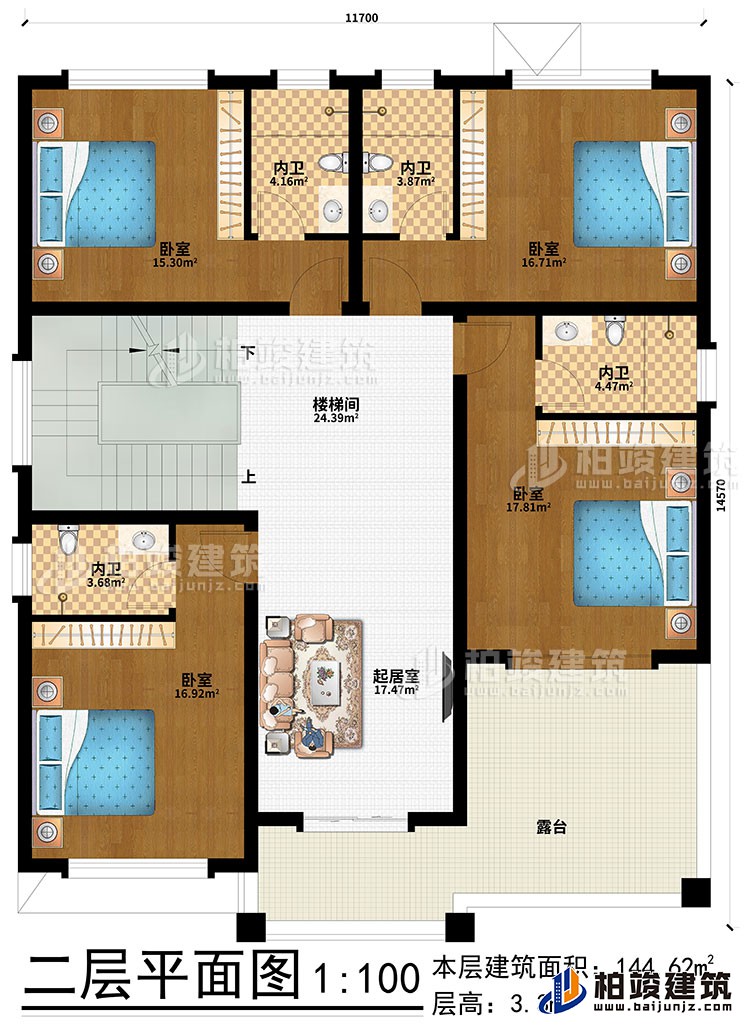 二層：起居室、樓梯間、4臥室、4內(nèi)衛(wèi)、露臺(tái)
