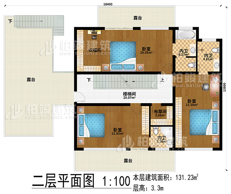 二層：樓梯間、3臥室、衣帽間、布草間、3內(nèi)衛(wèi)、3露臺