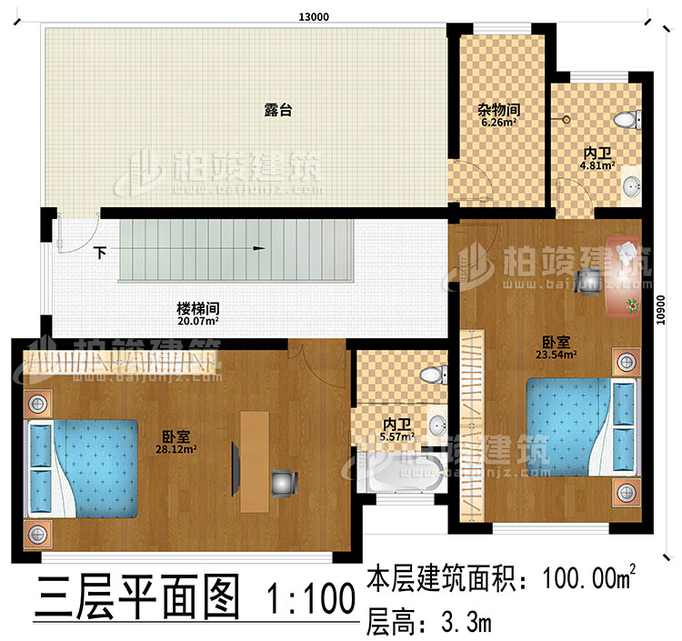 三層：2臥室、樓梯間、露臺、2內(nèi)衛(wèi)、雜物間