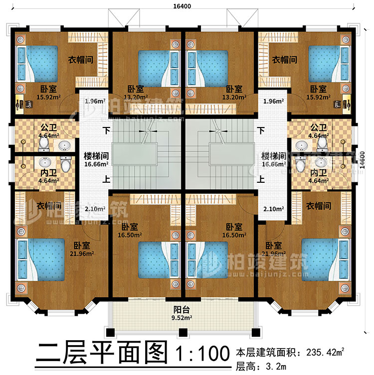 二層：2樓梯間、8臥室、4衣帽間、2公衛(wèi)、2內(nèi)衛(wèi)、陽臺