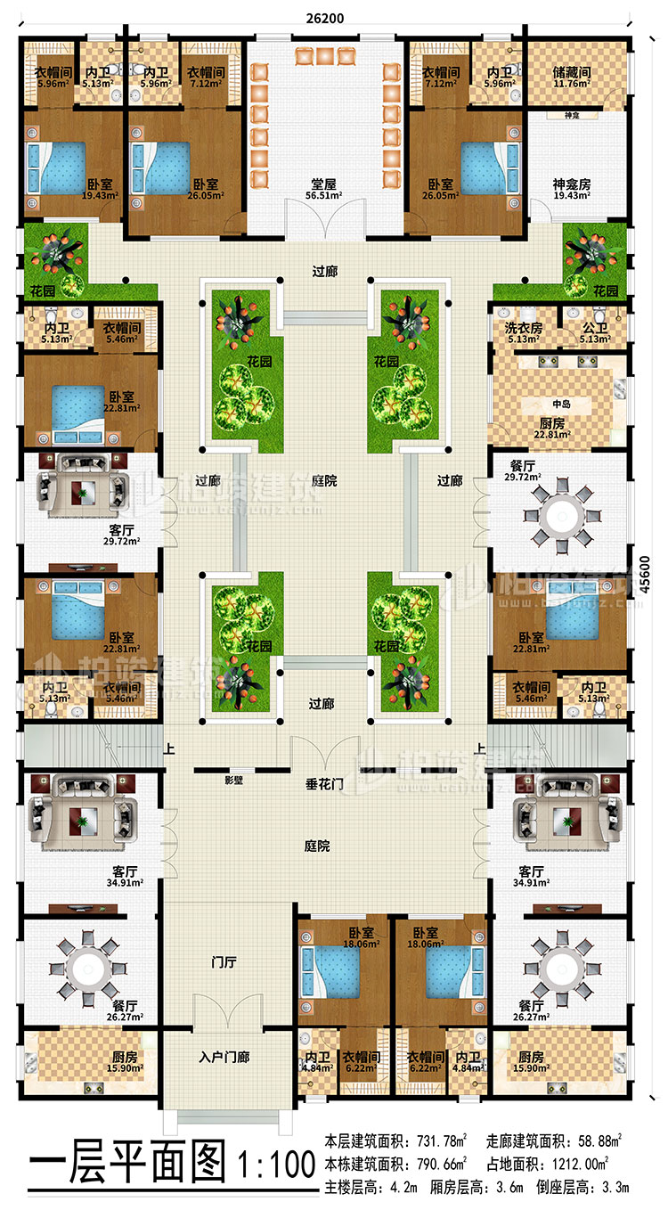 一層：入戶門廊、門廳、3餐廳、3廚房、3客廳、堂屋、神龕、神龕房、儲物間、6花園、4過廊、2庭院、影壁、垂花門、中島、洗衣房、公衛(wèi)、8臥室、8衣帽間、8內(nèi)衛(wèi)
