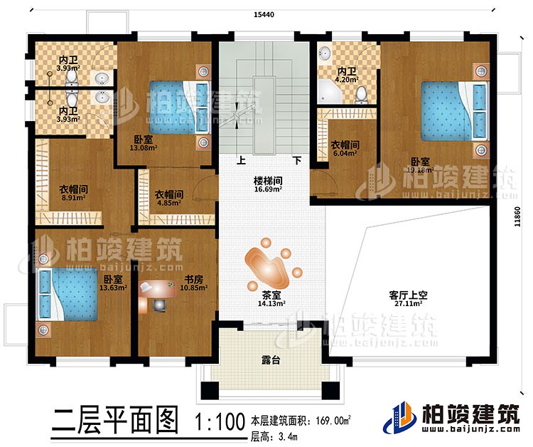 二層：茶室、樓梯間、客廳上空、3臥室、3衣帽間、書房、3內(nèi)衛(wèi)、露臺