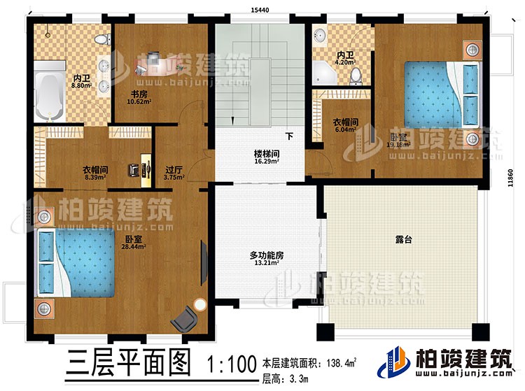 三層：2臥室、2衣帽間、過廳、書房、2內(nèi)衛(wèi)、多功能房、樓梯間、露臺