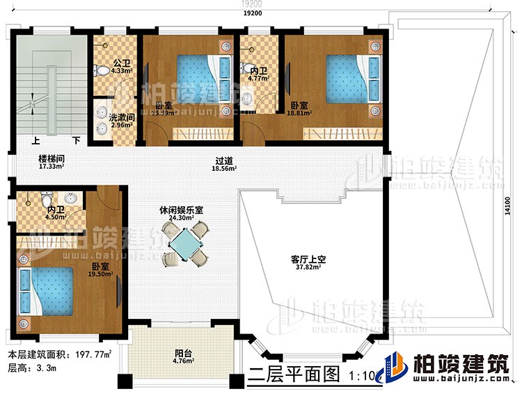 一層：休閑娛樂(lè)室、樓梯間、客廳上空、過(guò)道、3臥室、洗漱間、公衛(wèi)、2內(nèi)衛(wèi)、陽(yáng)臺(tái)
