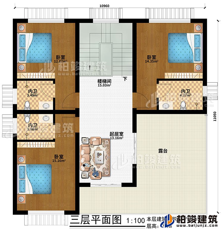 三層：起居室、樓梯間、3臥室、3內(nèi)衛(wèi)、露臺(tái)