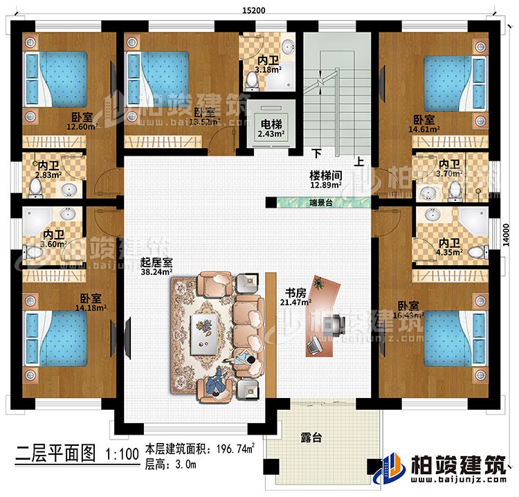 二層：樓梯間、端景臺(tái)、起居室、書(shū)房、5臥室、電梯、5內(nèi)衛(wèi)、露臺(tái)