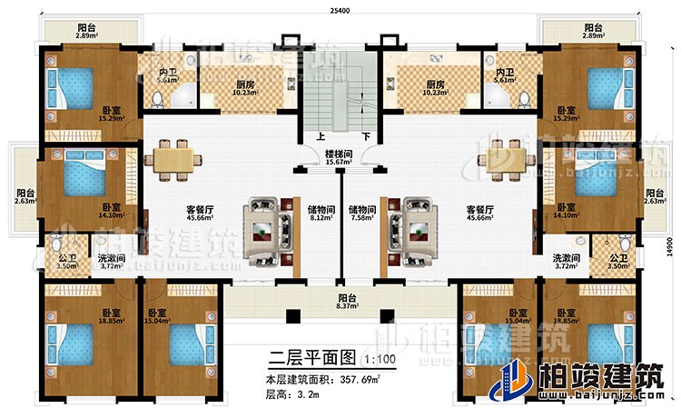 二層：樓梯間、2客餐廳、2儲(chǔ)物間、2廚房、8臥室、5陽(yáng)臺(tái)、2內(nèi)衛(wèi)、2公衛(wèi)、2洗漱間