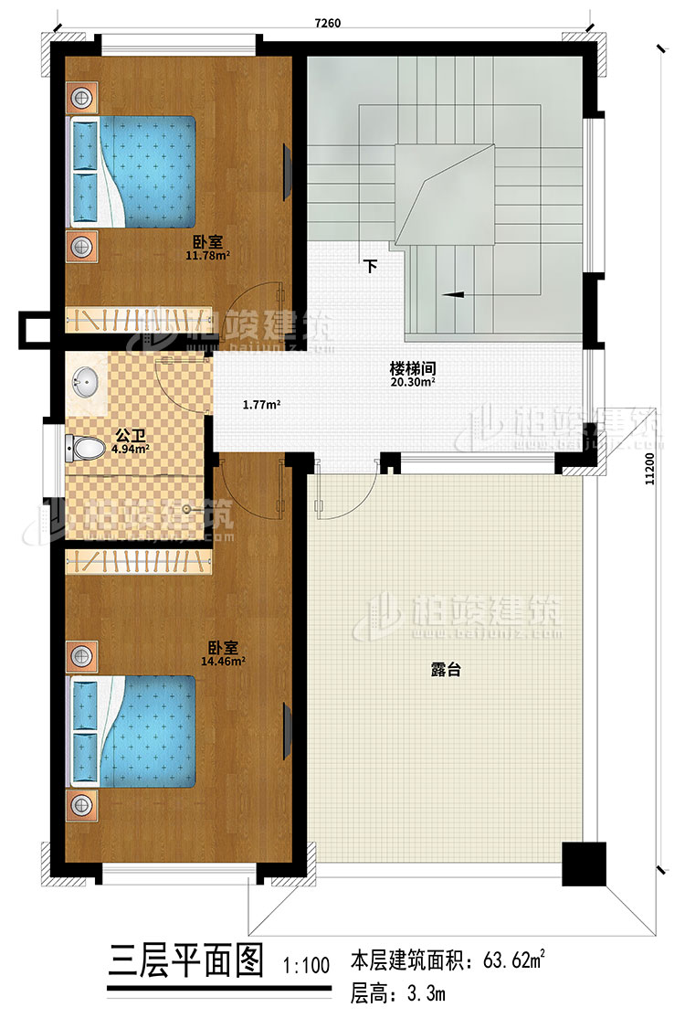 三層：2臥室、樓梯間、公衛(wèi)、露臺(tái)