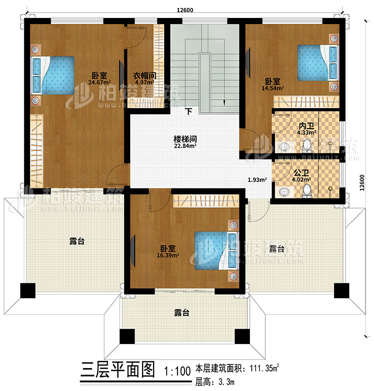 三層：樓梯間、3臥室、公衛(wèi)、內(nèi)衛(wèi)、3露臺、衣帽間