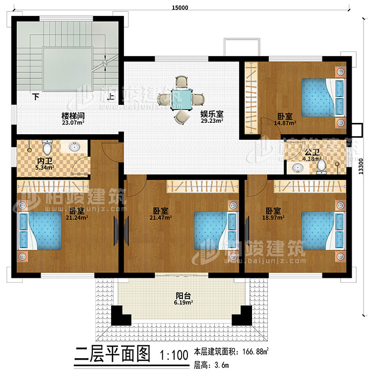 二層：樓梯間、娛樂室、4臥室、公衛(wèi)、內(nèi)衛(wèi)、陽臺