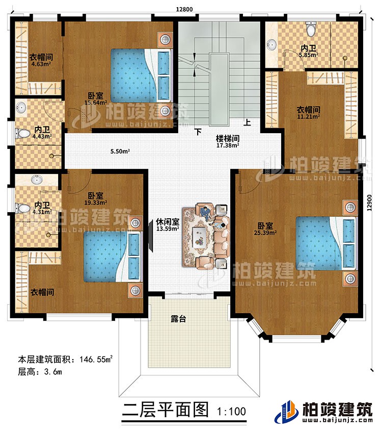 二層：樓梯間、休閑室、3臥室、3衣帽間、3內(nèi)衛(wèi)、露臺(tái)