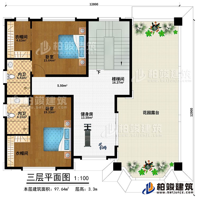 三層：健身房、樓梯間、2臥室、2衣帽間、2內(nèi)衛(wèi)、花園露臺(tái)