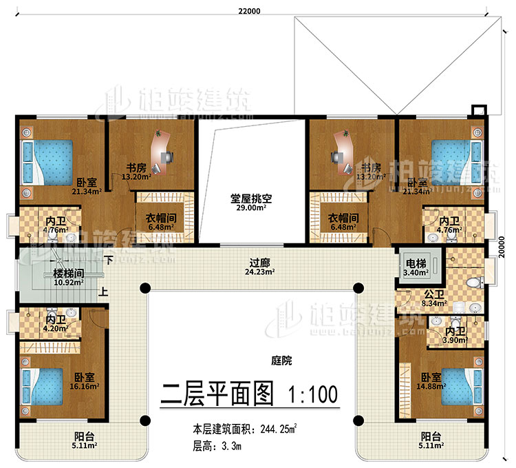二層：堂屋挑空、過廊、樓梯間、電梯、4臥室、2衣帽間、2書房、4內(nèi)衛(wèi)、公衛(wèi)、2陽臺