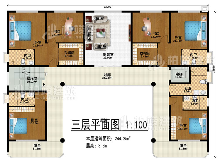 三層：影音室、過廊、樓梯間、電梯、4臥室、2衣帽間、2書房、4內(nèi)衛(wèi)、公衛(wèi)、2陽臺