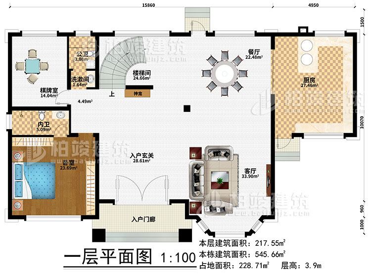 一層：樓梯間、3臥室、衣帽間、公衛(wèi)、內(nèi)衛(wèi)、陽光房、涼亭、2露臺